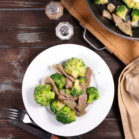 keto beef and broccoli dinner on a white plate